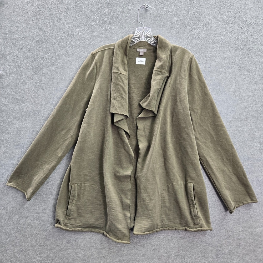 J Jill Women Sweater Medium Green‎ Cardigan Waterfall Pockets Long Sleeve